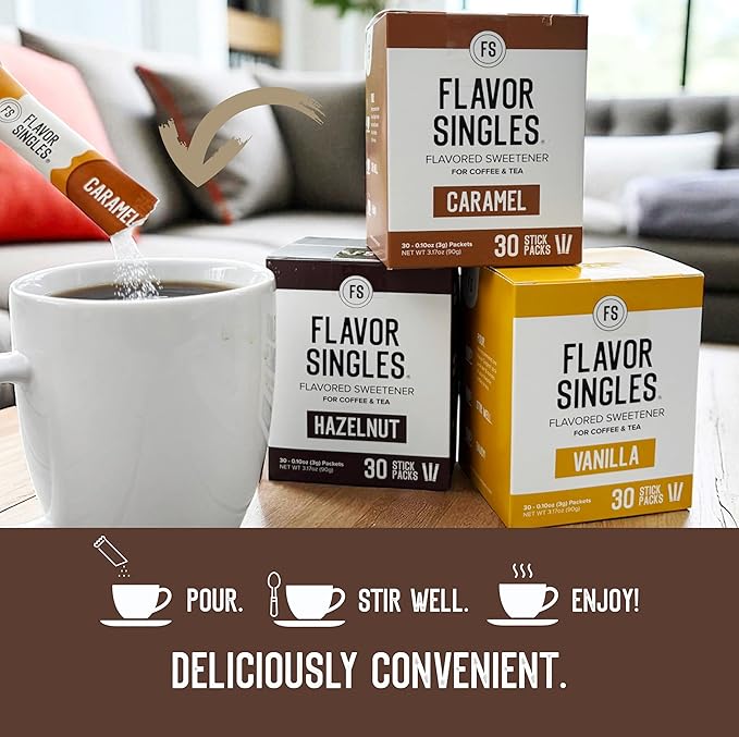 Flavor Singles Variety (Vanilla, Hazelnut & Caramel) Powdered Coffee & Tea Sweetener Packets, Travel Ready Single-Serve Syrup Alternative, 30 Count (Pack of 3)