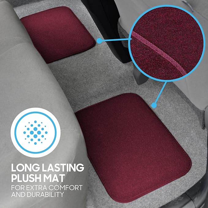 BDK Premium Burgundy Carpet Floor Mats for Cars - Universal Fit Interior 4-Piece Car Mats Full Set with Vinyl Heel Pad Protector - Cute Car Accessories Interior Floor Covers for SUVs & Trucks