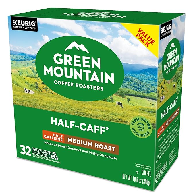 Green Mountain Coffee Roasters Half Caff, Single-Serve Keurig K-Cup Pods, Medium Roast Coffee Pods, 32 Count