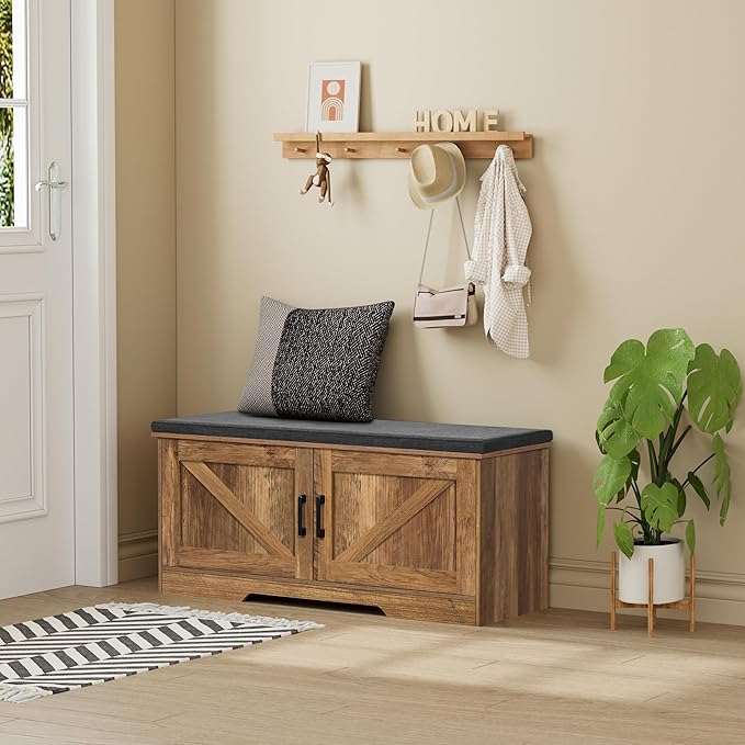 HOMSHO 2-Tier Storage Bench, 39.4" Wide Shoe Bench with Padded Seat Cushion, Entryway Bench with 2 Barn Doors and Adjustable Shelf, Rustic Walnut