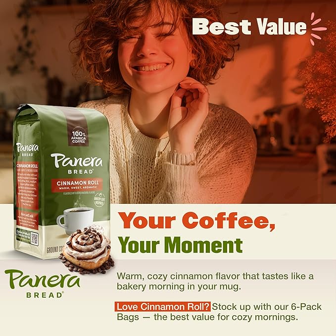 Panera Coffee Cinnamon Roll Ground Coffee, 100% Arabica Medium Roast, Bakery-Inspired Flavor, No Artificial Ingredients, 12oz Bag Pack of 6 (72 oz Total) for Home Brewing