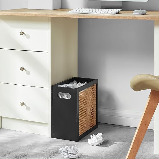 TIOPGHAD Small-Wicker-Waste-Basket-Trash-Can 3 Gallon/11.6 L Bamboo Mini Rattan Wastebasket Garbage Can Trashcan Wood Trash bin for Bathroom Office Living Room(Black&Oak)