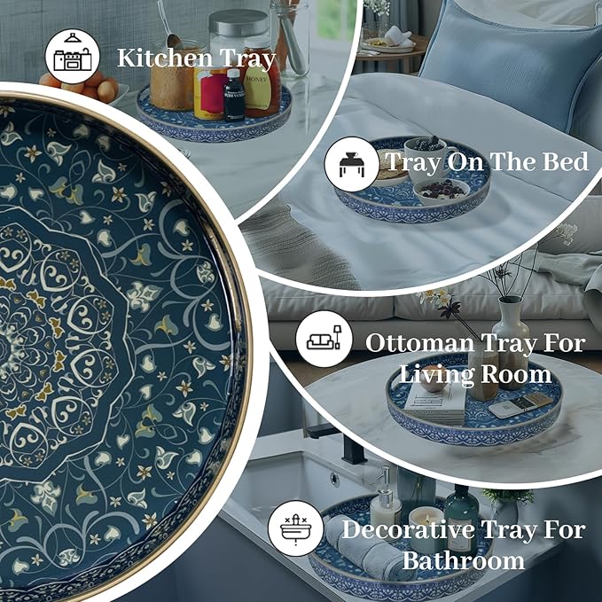 MAONAME Plastic Serving Tray with Handles, 13" Round Tray for Coffee Table, Dark Green Boho Decorative Trays for Ottoman, Living Room