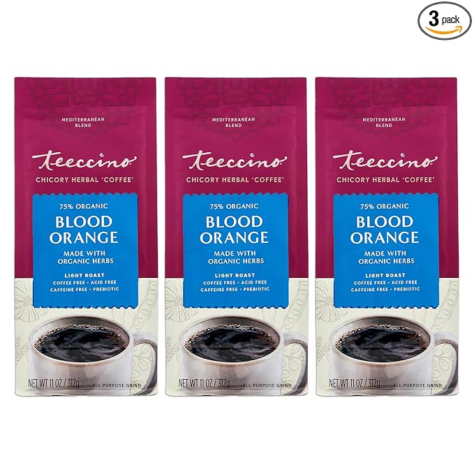 Teeccino Blood Orange Chicory Coffee Alternative - 11 Ounce - Ground Herbal Coffee That’s Prebiotic, Caffeine Free & Acid Free, Light Roast, (Pack of 3)