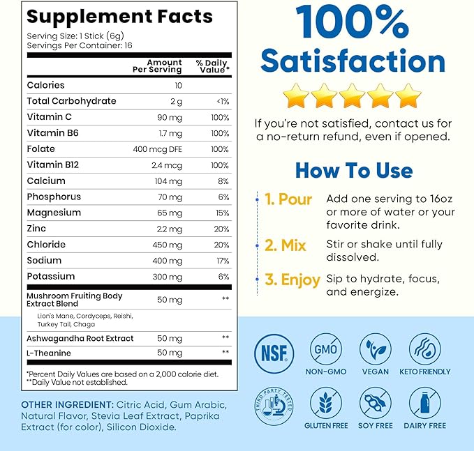 Venture Pal 2-in-1 Hydration Packets + Focus Support Electrolytes Powder, 7 Electrolytes + Vitamins, Magnesium, Lion's Mane & L-Theanine | Sugar Free Liquid Daily IV Drink Mix, Vegan, Keto, 16 Sticks