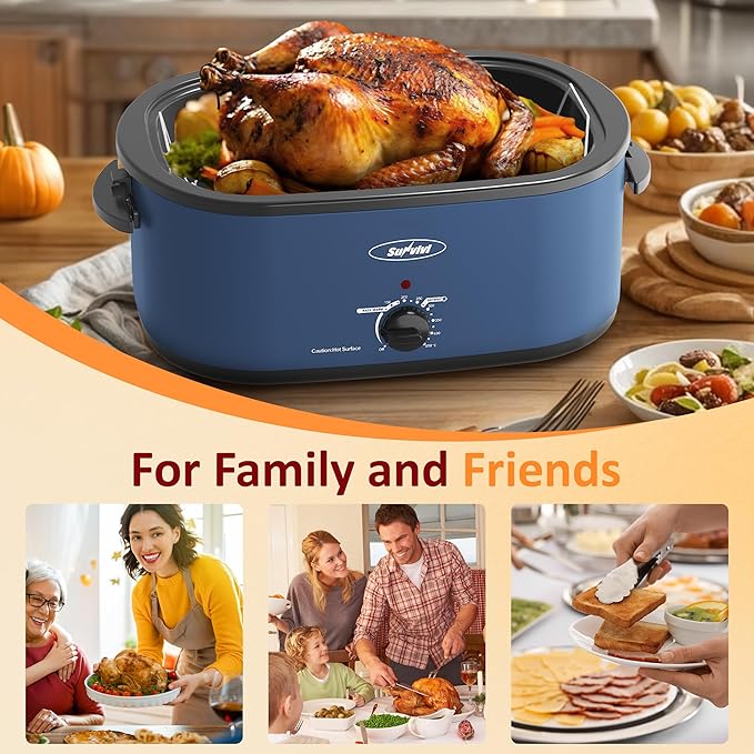 Sunvivi Roaster Oven, 24 Quart Electric Roaster Oven with Glass Lid, Turkey Roaster Buffet with Self-Basting Lid, Removable Pan, Cool-Touch Handles, Dark Blue