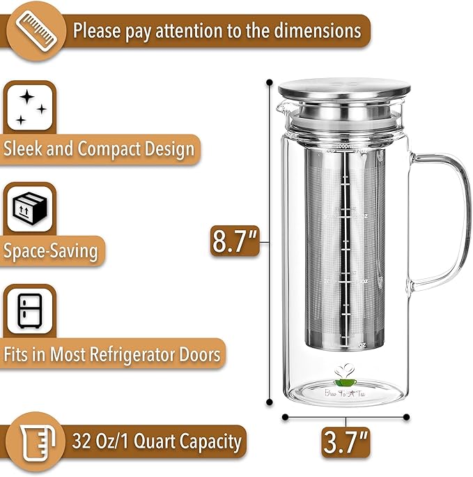 BTaT- Cold Brew Coffee Maker, Iced Coffee Maker, 1 Quart, 32 oz, Iced Tea Maker, Cold Brew Maker, Tea Pitcher, Coffee Accessories, Iced Tea Pitcher, Cold Brew System, Cold Brew Pitcher