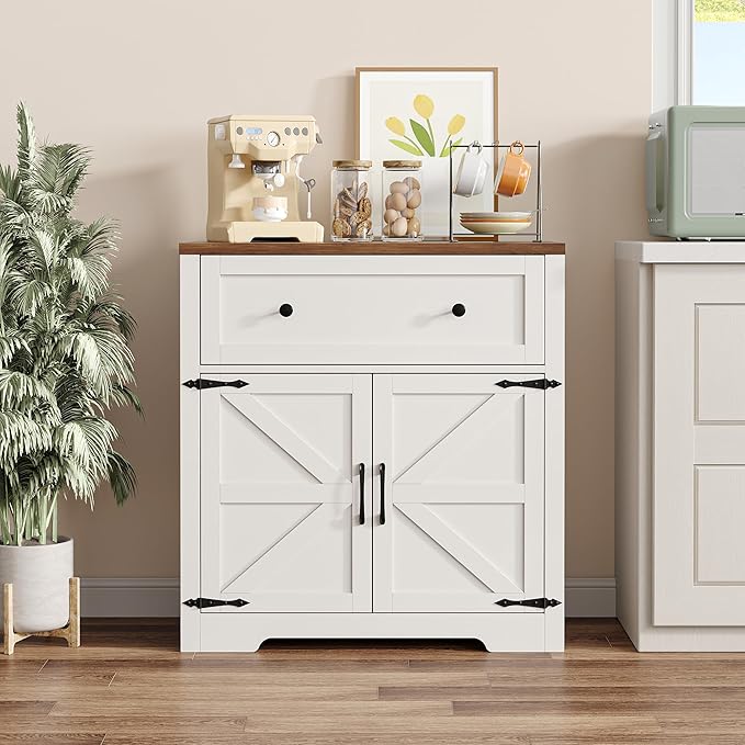 Coffee Bar Cabinet with Storage, Small Kitchen Storage Cabinet, Modern Farmhouse Buffet Sideboard with Drawers and Adjustable Shelves, Barn Door Accent Cabinets for Kitchen, Dining Room, Living Room