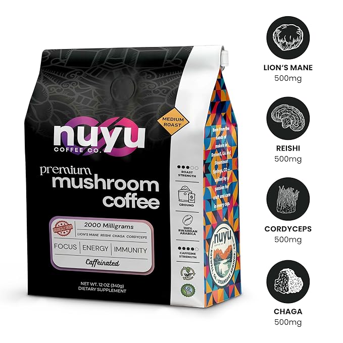 Nuyu Medium Roast Premium Mushroom Coffee, 12 oz, Specialty Ground 100% Arabica, 2000mg Functional Mushrooms, Lion's Mane, Reishi, Chaga, Cordyceps for Cognition, Energy and Wellness