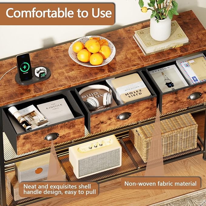 Furologee Console Table with Charging Station & 3 Fabric Drawers, 38'' Entryway Table with Storage Shelves and LED Light for Entry Way, Industrial Display Shelf for Hallway, Foyer, Rustic Brown | 3 Fabric Drawers, Storage Shelves, LED Light, Entry Way,...