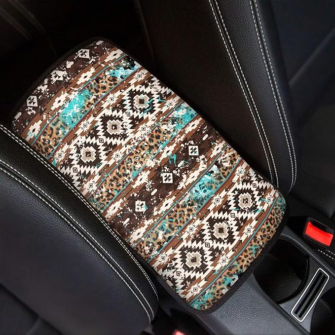 Brown Aztec Print Armrest Cover Pad for Car Soft Breathable Car Center Console Cushion Pad Dustproof Automotive Accessories Protect from Pet Claws, Sticky Fingers