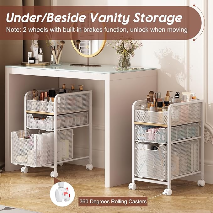 Hongtamoya Rolling Makeup Cart Organizer with 2 Drawers, Narrow Floor Skincare Organizers, Vanity Organizer Cosmetics Display Cases Holder for Skin Care Nail Polish Perfume Makeup Brush, White
