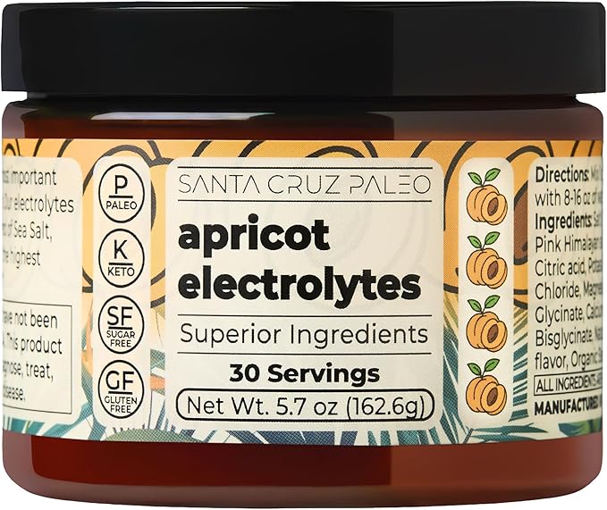 Santa Cruz Paleo Electrolyte Powder, Apricot Flavor, Sugar Free Hydration Drink Mix with Himalayan Pink Salt, Sea Salt, Magnesium Glycinate, Potassium Chloride, Sweetened with Stevia, 30 Servings
