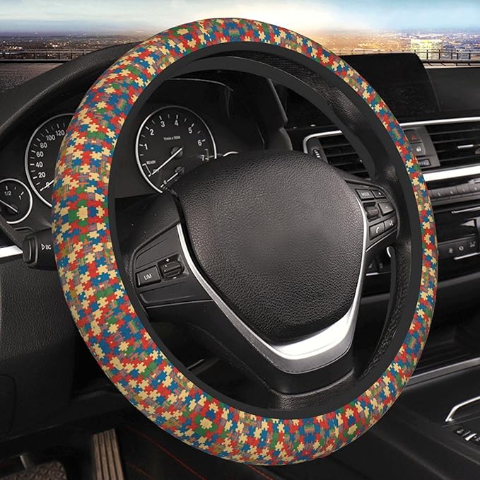 Puzzles Pattern Universal Fit Steering Wheel Cover for Car, Truck, and SUV, Durable Steering Wheel Protection