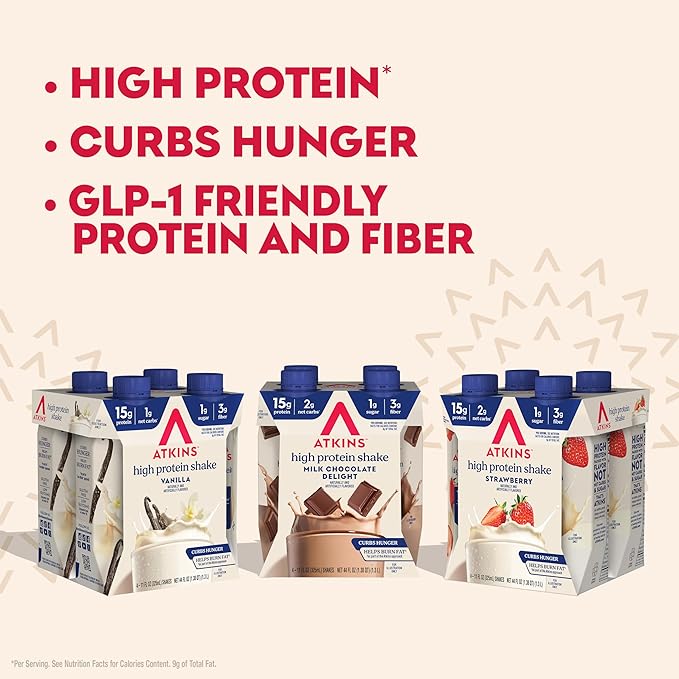 Atkins Best Sellers Protein Shake Variety Pack, Strawberry, Vanilla and Milk Chocolate Flavored Protein Shakes, 15g Protein, 3g Fiber, GLP-1 Friendly, 12 Count