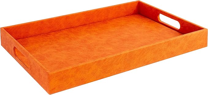 Beautiful Modern Elegant 17.5"x12" Rectangle Orange Faux Leather Decorative Tray Ottoman Coffee Table Perfume Living Room Kitchen Serving Tray with Handles for All Occasion's