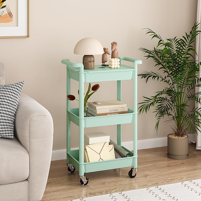 MIOCASA Utility Rolling Cart with Cover Top Board, 3-Tier Kitchen Storage Organization, Art Cart with Wheels for Office, Classroom, Livingroom, Kitchen, Bathroom (Green, 3-Tier-Plastic)