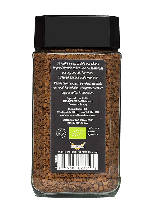 Mount Hagen 3.53oz Organic Freeze Dried Instant Coffee | Eco-friendly, Fair-Trade Coffee Made From Organic Medium Roast Arabica Beans [3.53oz Jar]
