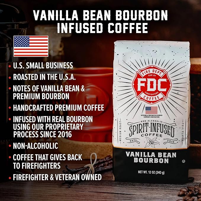 Fire Department Coffee - Vanilla Bourbon Coffee Beans - Gives Back to Firefighters - Vanilla Bean Bourbon Infused Whole Bean - Non-Alcoholic - Roasted in the USA - Veteran Owned (12 oz, Pack of 2)
