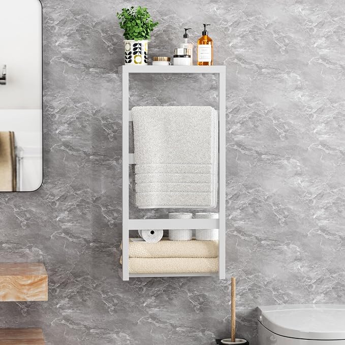 Bamboo Wall Blanket Ladder, 4-Tier Towel Racks, Bamboo Bath Towel Racks for Bathroom Wall Mounted, Decorative Blanket, Quilt, Towel, Scarf Ladder Shelves for Bathroom, Living Room, Bedroom，White