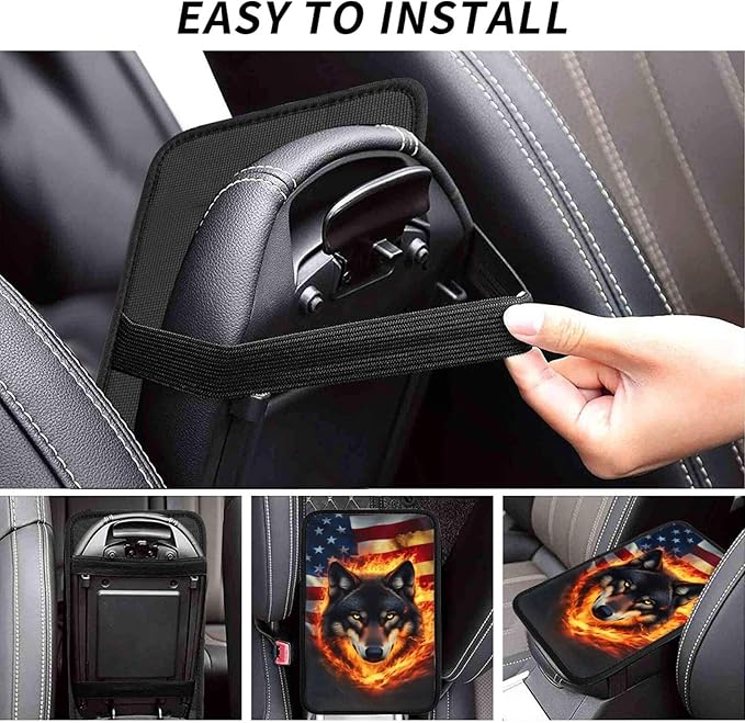Universal Car Center Console Cushion Pad, American Flag Wolf Soft Waterproof Car Center Console Cover Auto Armrest Seat Box Cover Protector for Most Vehicle SUV Truck Car