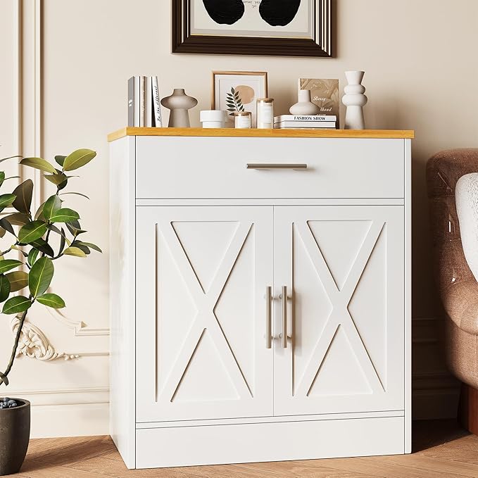 Vongrasig Farmhouse Coffee Bar Cabinet, Small Sideboard Buffet with Storage, Modern Kitchen Storage Cabinet with 1 Drawer and 2 Doors for Kitchen, Dining Room, White