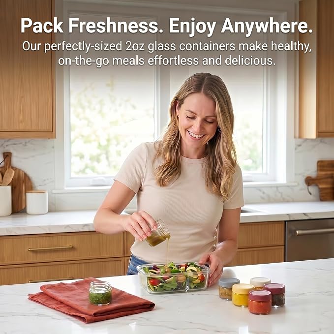 EONJOE 2 oz Glass Jars with Lids Dressing Containers Sauce Cups Mini Condiment Dip Jars To Go Lunch Accessories,12-Pack