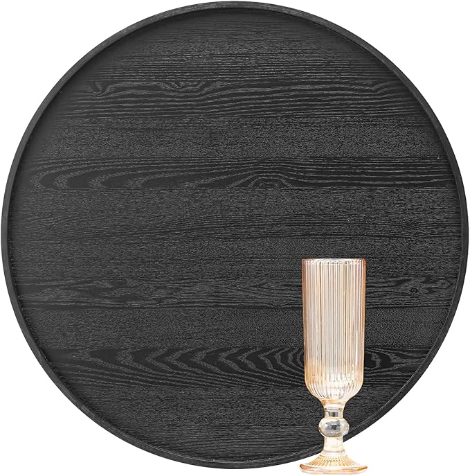 16 inch Round Solid Wood Serving Tray Extra Large Tea Coffee Snack Food Meals Serving Plate Non-Slip Kitchen Party Bar Server Ottoman Tray Breakfast Tray with Raised Edges Heavy Duty Edition Black