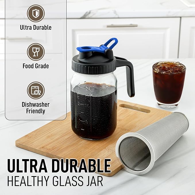 Zulay Premium Cold Brew Coffee Maker - 32oz Mason Jar With Leak-Proof Lid & Extra-Thick Glass - Fine-Mesh Stainless Steel Filter For Smooth Cold Brew & Iced Tea - Blue