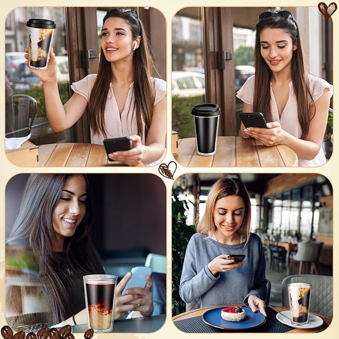 Honeydak 2 Pack 12 oz Double Walled Glass Coffee Mugs with Silicone Lids Clear Insulated Drinking Cups Reusable Glass Iced Coffee Cups for Home Office and Travel
