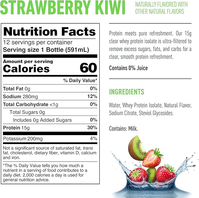 Isopure Clear Protein Water with Electrolytes, 15g Whey Protein Isolate, Zero Sugar, Strawberry Kiwi, 20 fl oz, 12-Pack