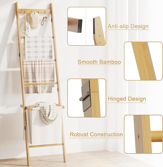 BAMBANG Bamboo Blanket Ladder with Basket, 5-Tier Quilt Rack Stand with 4 Hooks & Storage Hamper for Living Room Bathroom, Wall Leaning Decorative Ladder Shelf for Blankets Display (Natural)
