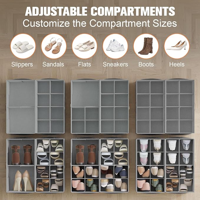 2 Pack Shoe Organizer for Closet,Foldable Shoe Storage Organizer with Adjustable Dividers, Shoe Storage Box with Clear Cover, Fits up to 16 Pairs, Gray