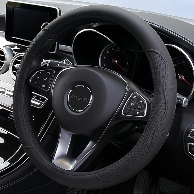 Leather Car Steering Wheel Cover with Anti-Slip Lining Universal 14.5-15 Inch (37-38 cm) Auto Microfiber Protector, Car Accessories for Most Cars, SUVs | Black