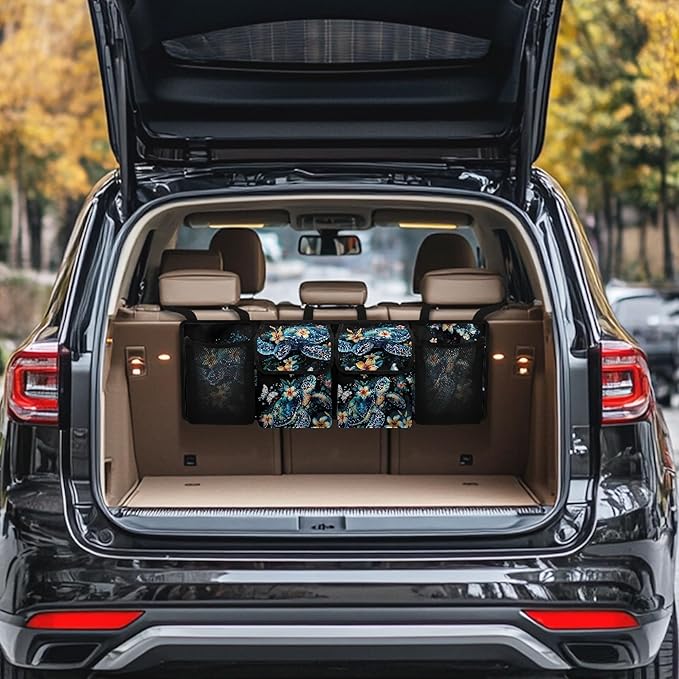 CLOHOMIN Blue Sea Turtle Trunk Organizer for SUV Sedan Auto Hibiscus Car Trunk Organizer Hanging Car Storage Bags Collapsible Cargo Bag with 4 Pockets Car Decor Accessories Gifts