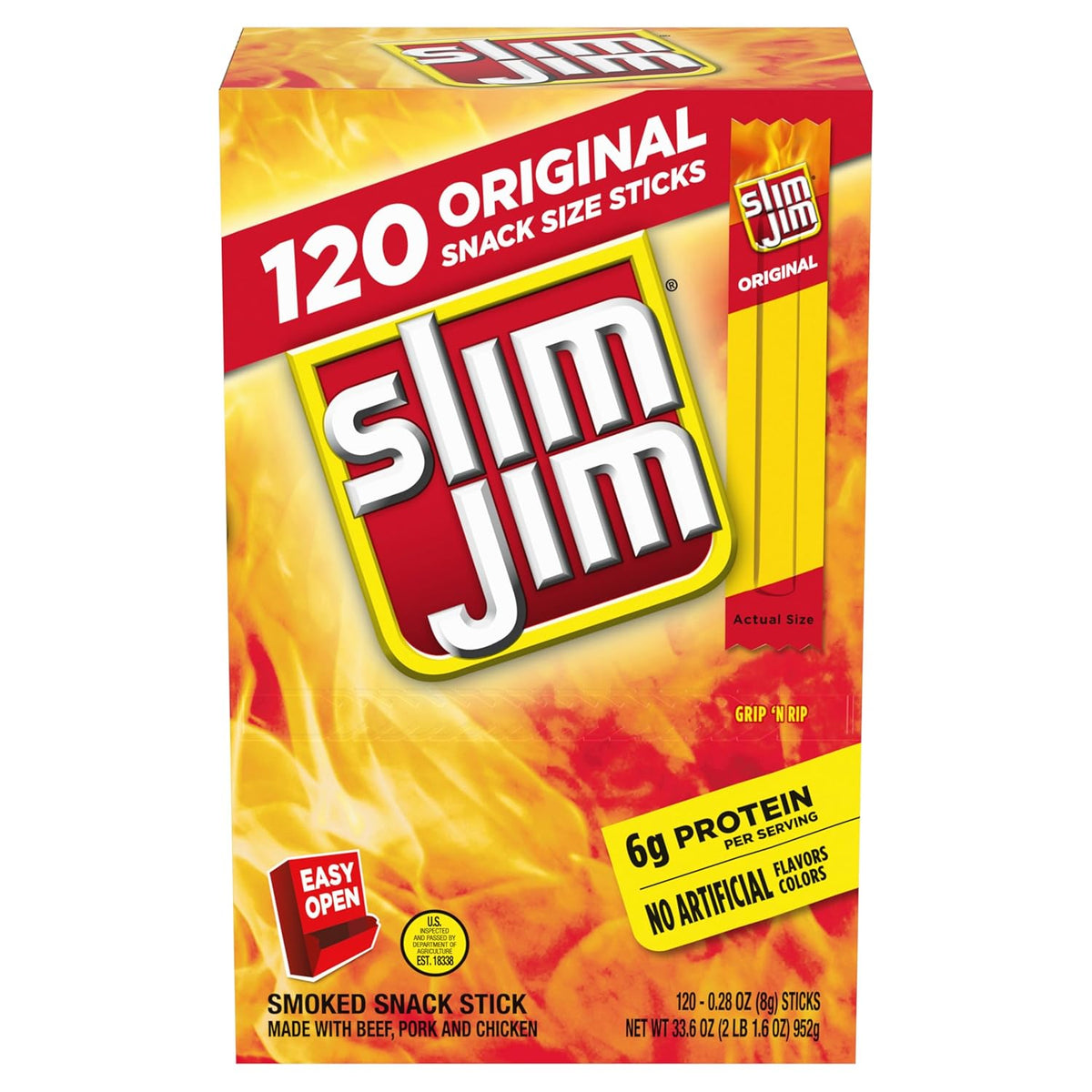 Slim Jim Smoked Meat Sticks, Original Flavor, 6g Protein Per Serving, Snack Size, 0.28 oz. (100 Count)