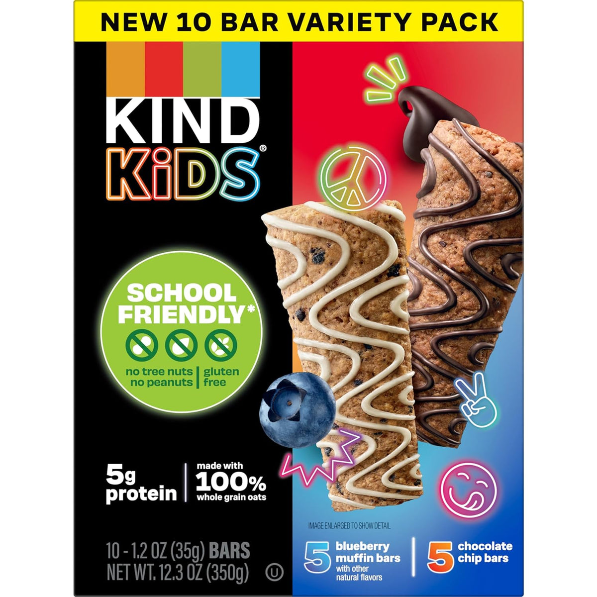 KIND Kids Granola Bars Variety Pack, Gluten Free, Low Sodium, Peanut and Tree Nut Free Snacks, Chocolate Chip, Blueberry Muffin, 5g Protein, 10 Count