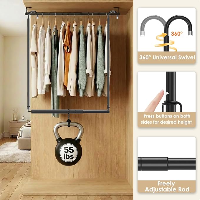 Stepless Extender Closet Hanging Rod - Heavy Duty Closet Rods for Hanging Clothes, Adjustable Width & Height, Space-Saving Matte Black Closet Organizer for Hanging & Drying, Easy to Install