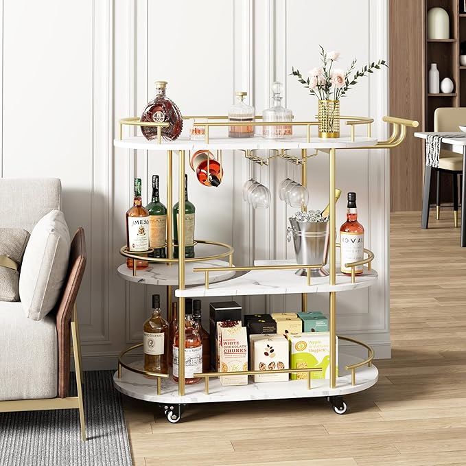 GarveeHome Gold Bar Carts with 4-Tiers Storage Shelves, Mobile Bar Seving Carts on Wheels with Wine Rack and Glass Holder for Kitchen, Dining Room, Living Room