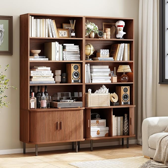 ONBRILL 71" Tall Bookshelf, 4-Tier Bookcase with Storage Cabinet & Adjustable Storage Shelf, Freestanding Wood Bookshelf with Sliding Door and Adjustable Footpad, for Home Office, Living Room, Walnut