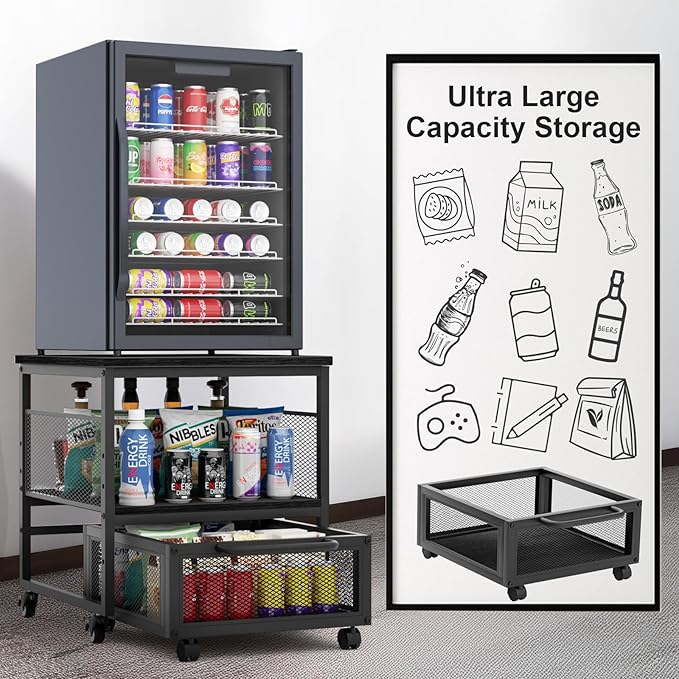 21x21in Mini Fridge Stand with Storage, Heavy Duty Mini Fridge Table with 4 Lockable Wheels for Coffee Bar 220LBS Compact Beverage Refrigerator Stand Cabinet Dorm Fridge Cart for Office Home (Black)