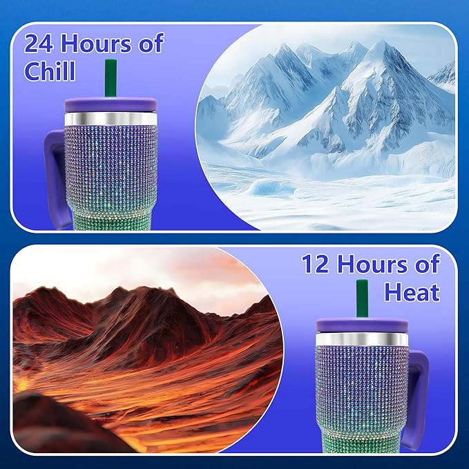 20-OZ Insulated Water Bottle,Insulated Stainless Steel Tumbler,Reusable Cold Drink Thermos,BPA-Free, Double-Wall Stainless Steel Water Bottle (Purple Green Gradient-Diamond, 20, Fluid Ounces)