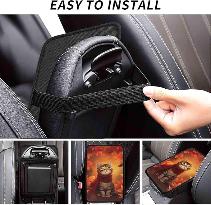Universal Car Center Console Cushion Pad, Autumn Maple Leaf Cat Soft Waterproof Car Center Console Cover Auto Armrest Seat Box Cover Protector for Most Vehicle SUV Truck Car