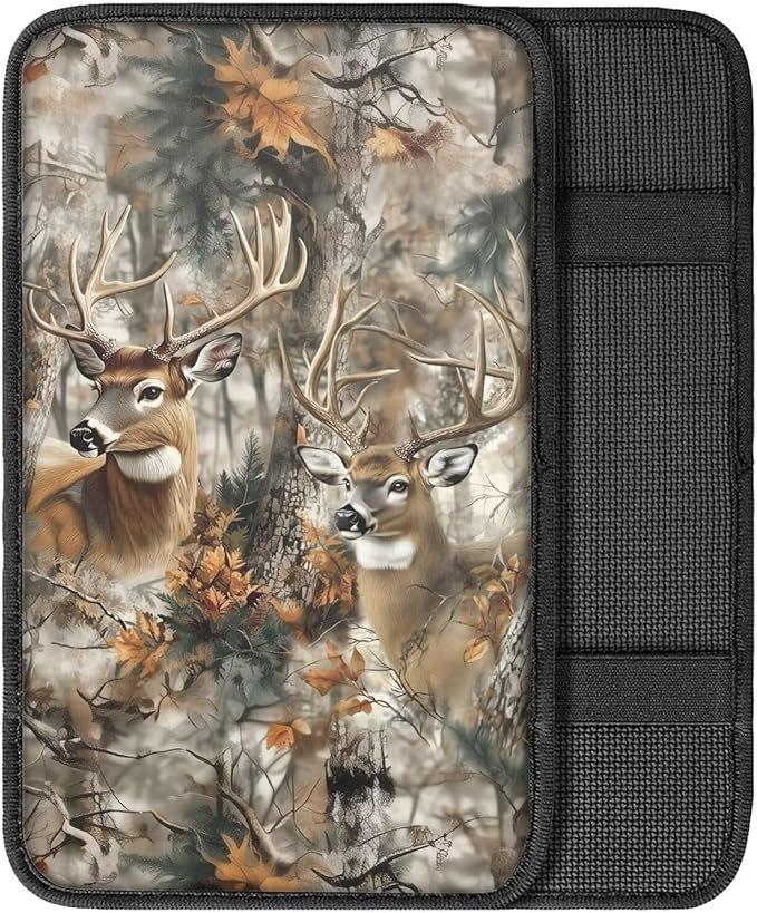 Horeset Deer Hunting Camouflage Auto Armrest Cover Center Console Decor Protector, Universal Fit Non-Slip Car Arm Rest Cushion
