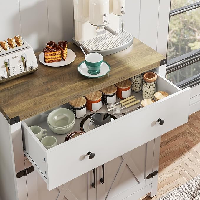 Coffee Bar Kitchen Storage Cabinet,Sideboard Buffet with Storage,Farmhouse Bar Door Kitchen Cabinet with Drawer and Adjustable Shlef, White,(13.8" D x 31.5" W x 34.65" H inch