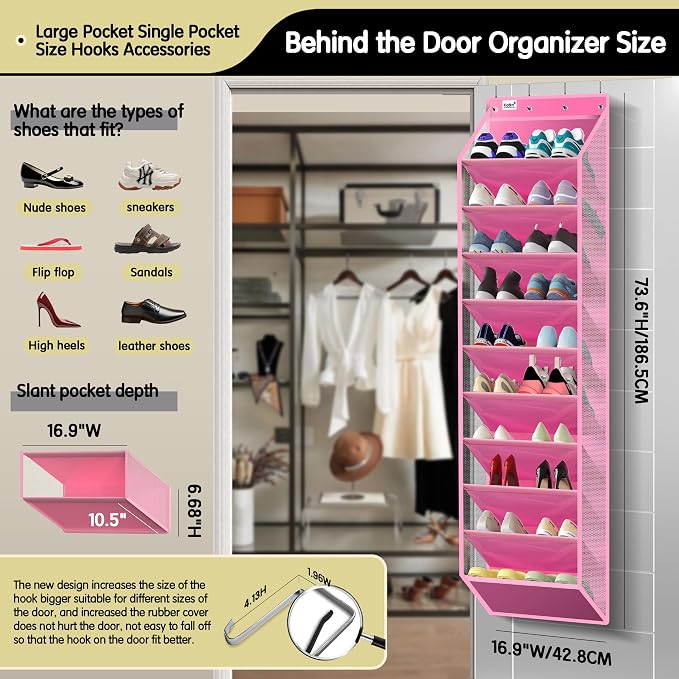 Kotkn 10 Tier Over The Door Organizer - Heavy Duty Hanging Storage Rack with Sturdy Oxford Fabric, Holds 20+ Pairs of Footwear, Boots & Sneakers, Saves 50% Closet Space! (Pink)