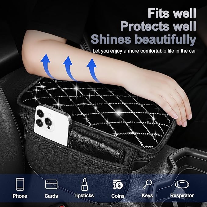 Bling Car Center Console Cover Fit for Subaru Outback Diamond Car Armrest Cover Cushion with 2 Storage Pockets
