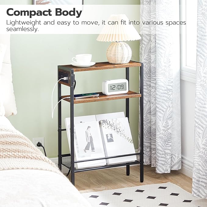 HOOBRO Small Narrow Side Table with Charging Station Set of 2, Skinny End Table for Small Spaces, Slim Nightstand with USB Ports Outlet, Sofa Beside Table with Storage Shelf BF102UBZP201