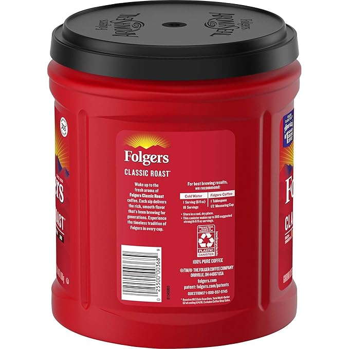 Folgers Classic Roast Medium Roast Ground Coffee, 38.4 Ounces (Pack of 6)