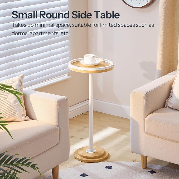 HOOBRO Small Round Side Table, Drink Table, Coffee Martini Table with Pedestal Accent for Small Spaces in Living Room, Bedroom, Sofa Couch, Natural and White WN168BZ01